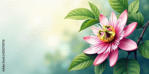 Delicate passion fruit blossom & foliage, watercolor style , yellow, plant