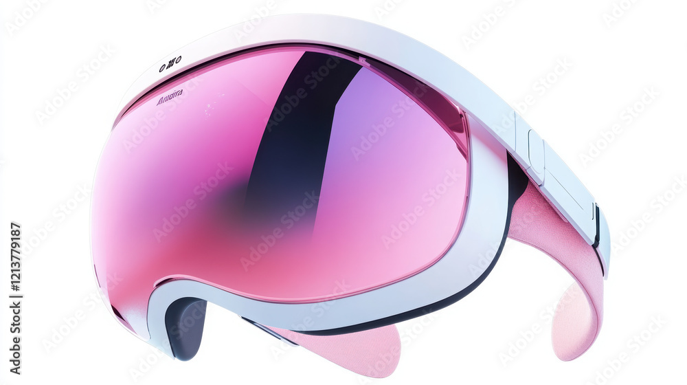 High tech augmented reality headset with pink lenses and sleek design. Ideal for immersive experiences, this futuristic device combines style and functionality for modern users High tech augmented reality headset with pink lenses and sleek design. Ideal for immersive experiences, this futuristic device combines style and functionality for modern users