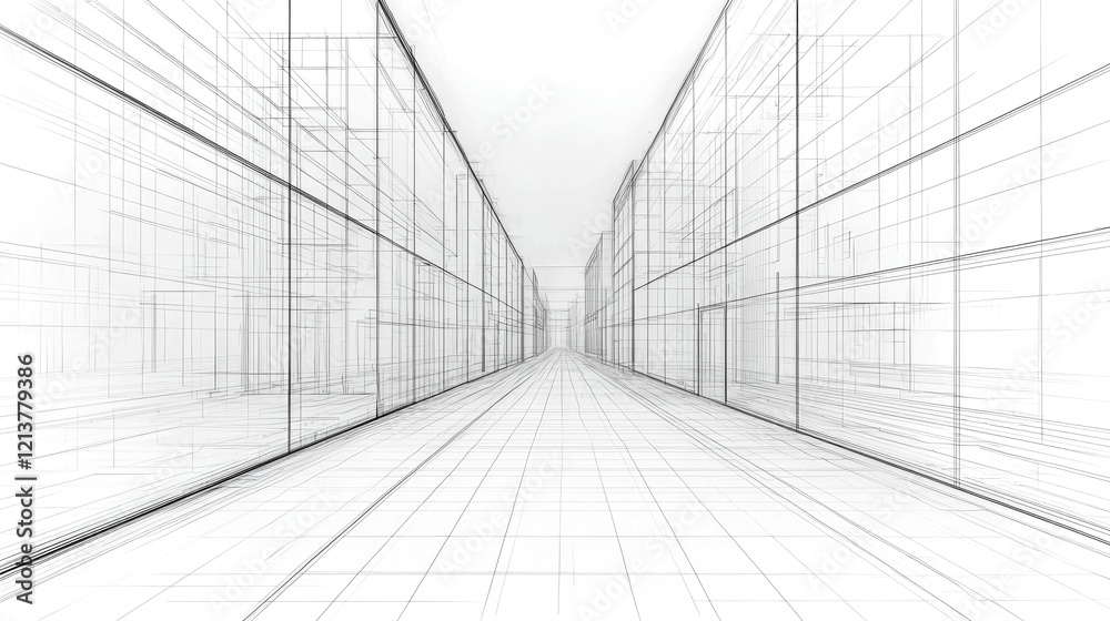Modern Architectural Design: A 3D Wireframe Perspective of a Cityscape Modern Architectural Design: A 3D Wireframe Perspective of a Cityscape