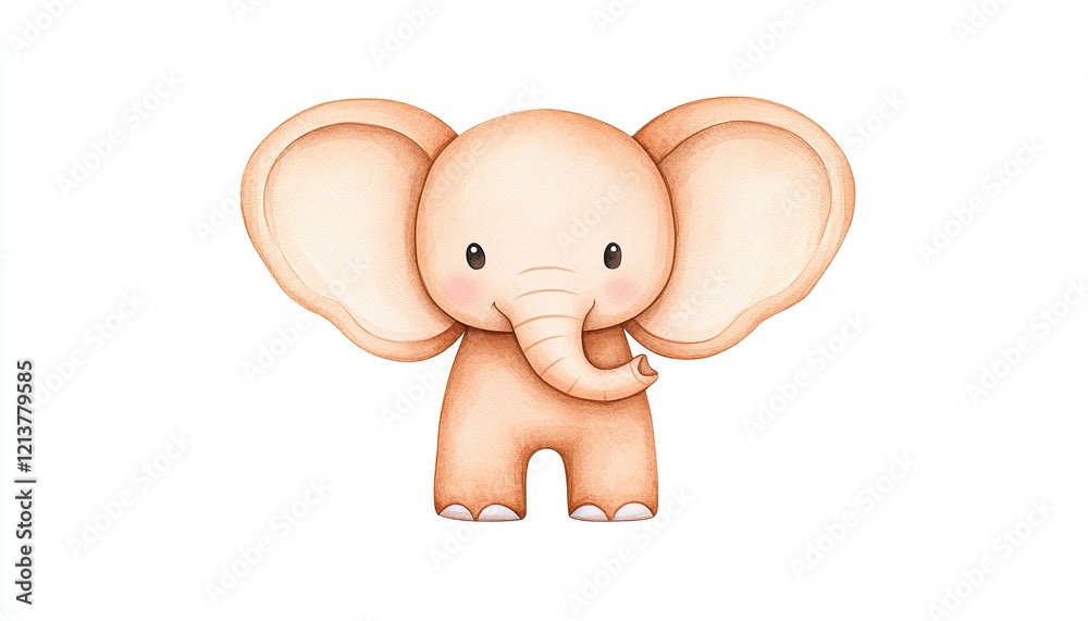 Fototapeta premium Cute cartoon elephant standing upright with oversized ears, set against a plain white background, ideal for children's art