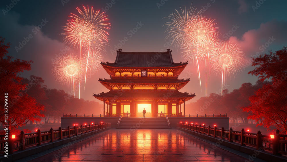 Fototapeta premium Chinese Temple Fireworks Festival Night - Cultural celebrations