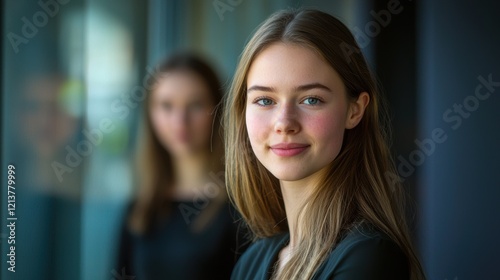 A young woman with long brown hair and blue eyes is smiling at the camera. Generative AI