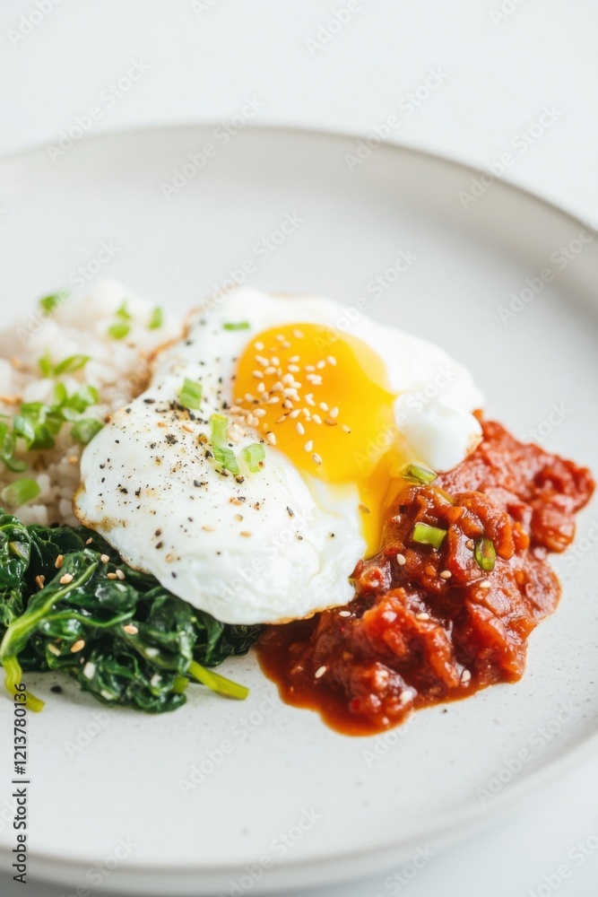 Basmati rice topped with poached egg, sautéed spinach, and kimchi Basmati rice topped with poached egg, sautéed spinach, and kimchi