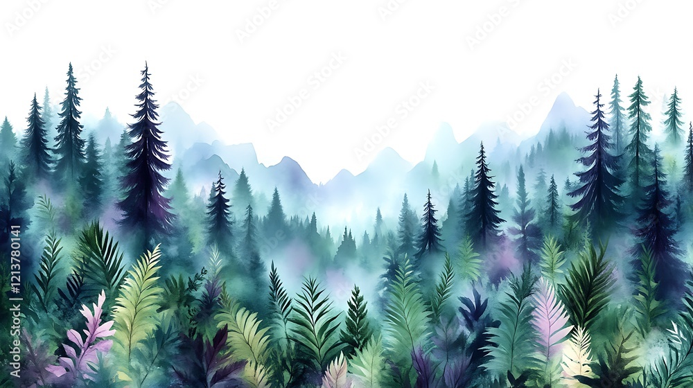 Obraz premium Serene Watercolor Landscape of Misty Mountains and Evergreen Forest
