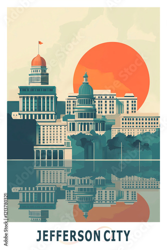 Jefferson City USA, Missouri state illustrated poster in retro style. Vintage travel booklet, postcard, print, cover with skyline, street