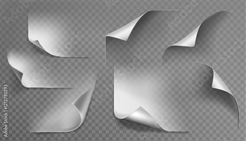 Paper corner fold collection on transparent background - curled edges in various angles, curved page turns with shadow effects and realistic creases. Peeled parchment elements for document design.