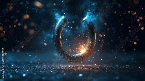 U-shaped magnet attracting metallic particles with glowing aura on dark surface