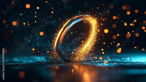 U-shaped magnet attracting metallic particles with glowing aura on dark surface