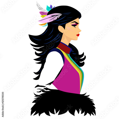 Woman with long dark hair, vibrant neon clothing, and colorful feathers in her hair