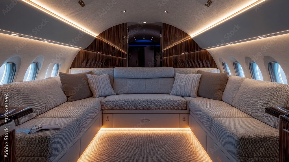 Obraz premium A luxurious private jet interior featuring a spacious, stylish lounge area with soft lighting and elegant seating.