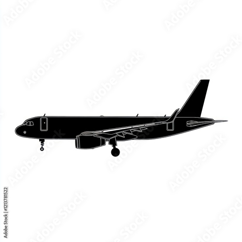 Airplane silhouette, side view, white background, travel icon.