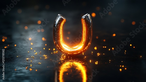 U-shaped magnet glowing brightly while attracting metallic particles on dark reflective surface