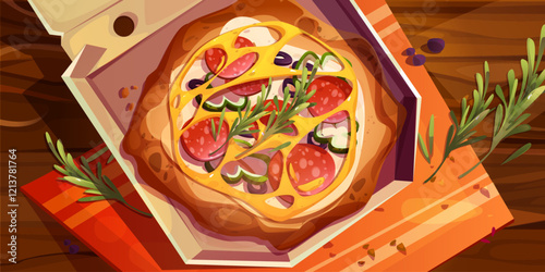 Cartoon pizza in open delivery box with melted cheese, salami slices, pepper, olives and rosemary sprigs on wooden table. Top view on round whole Italian food in cardboard package on tablecloth.