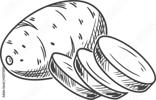 potato and slices with a white background