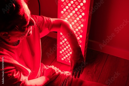Elderly woman seated near a red light therapy device holding her arm