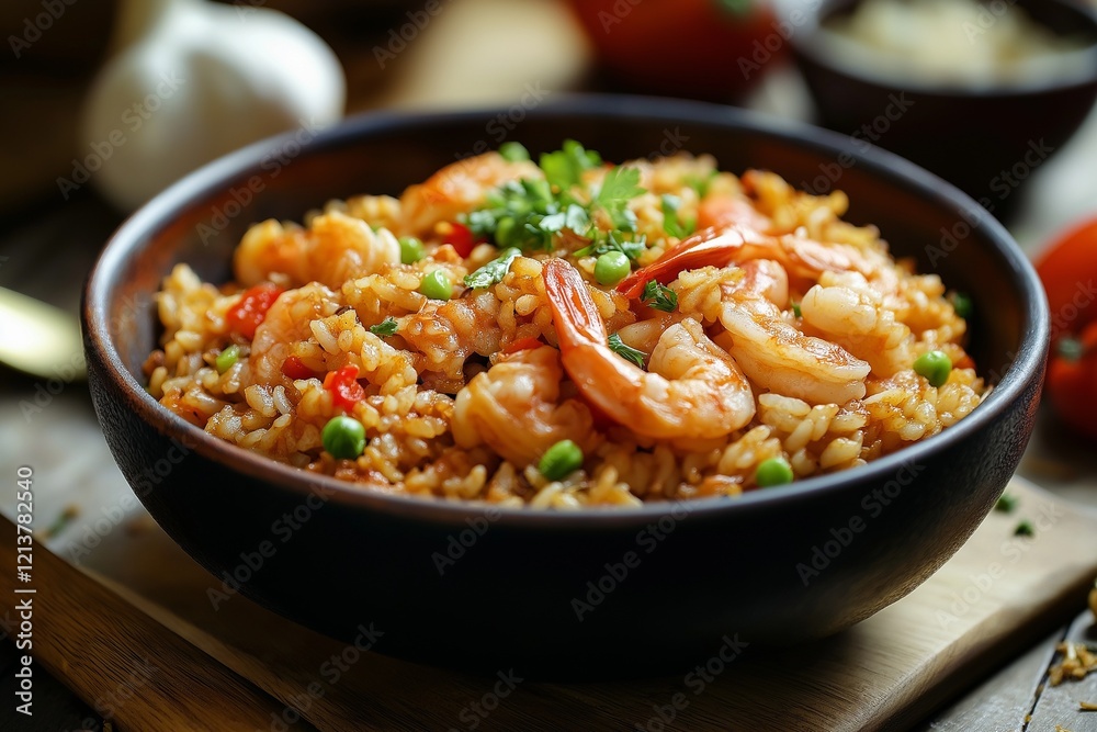 Shrimp and vegetable paella in a rustic bowl Shrimp and vegetable paella in a rustic bowl