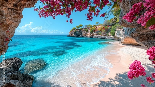 Tropical beach cove, turquoise water, pink flowers, sunny day, travel postcard