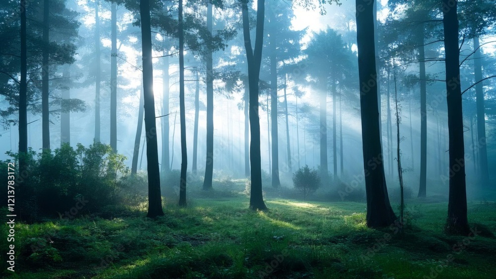 Obraz premium Tranquil forest bathed in soft sunlight, earthy tones blending harmoniously, evoking peace and natural serenity.