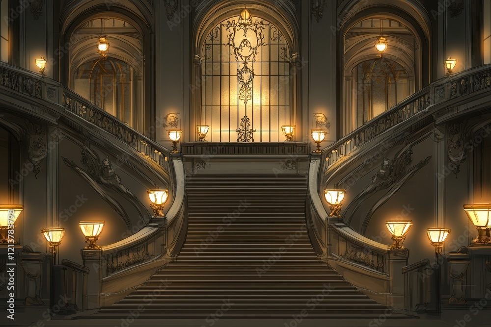 Fototapeta premium Elegant Grand Staircase in Luxurious Hallway with Soft Ambient Lighting Creating a Warm and Inviting Atmosphere for a Premium Stock Image