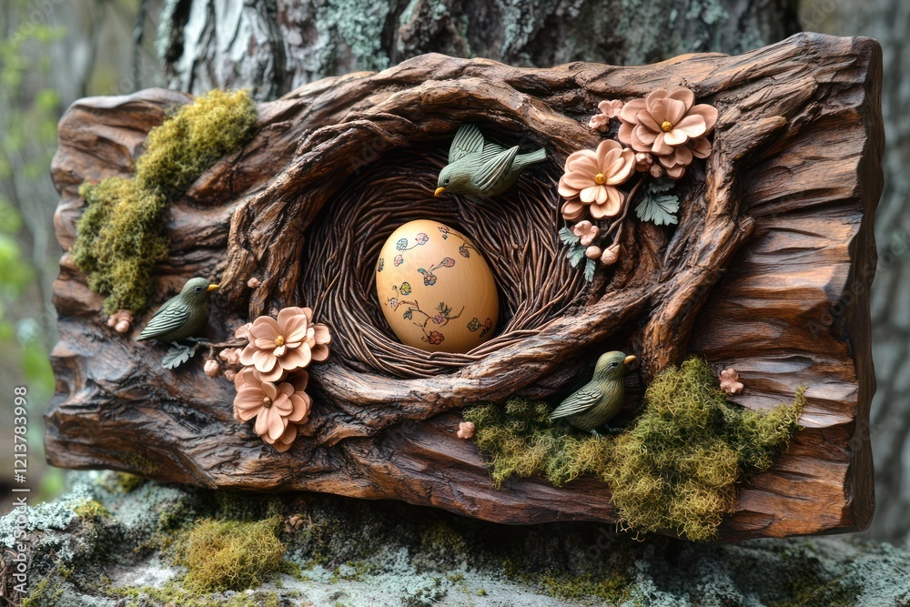 Intricate wood carving depicting a bird's nest with egg, flowers, and birds nestled within a tree trunk. Intricate wood carving depicting a bird's nest with egg, flowers, and birds nestled within a tree trunk.