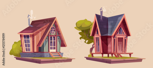Cartoon wooden hut design - cozy forest houses on platforms with pitched roofs, stone and stilt foundation, green bushes and trees. Suburban cottage game assets for adventure or building simulator.