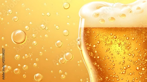 Flowing Golden Beer Featuring Carbonation Bubbles and Frothy Foam
