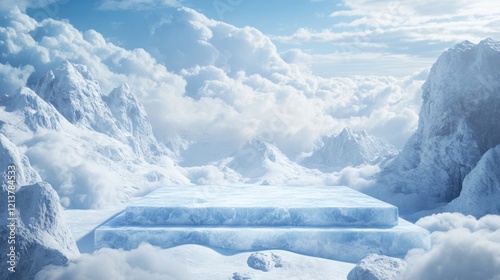 Ice platform in snowy mountainscape scene with clouds, for nature, adventure uses photo