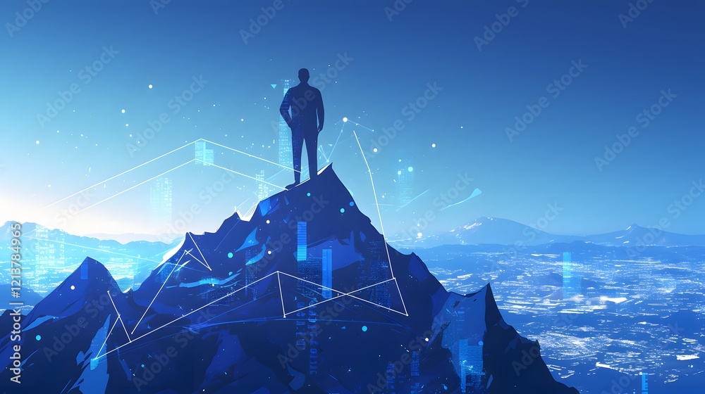 Dark blue technological backdrop with digital peaks, symbolizing a mountain of progress with a businessman flagging success