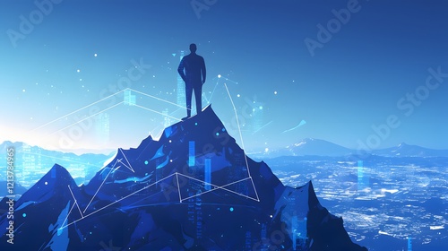 Obraz na płótnie Dark blue technological backdrop with digital peaks, symbolizing a mountain of progress with a businessman flagging success w salonie