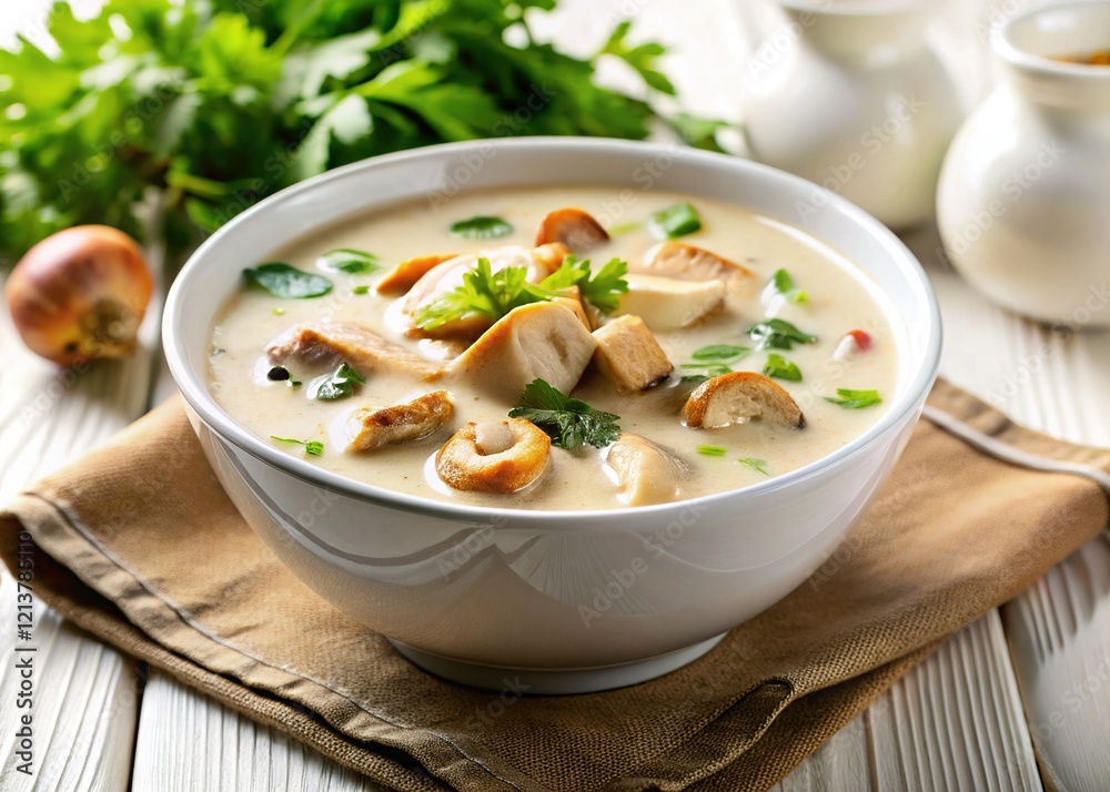 Creamy Chicken Mushroom Soup in White Bowl - Gourmet Comfort Food