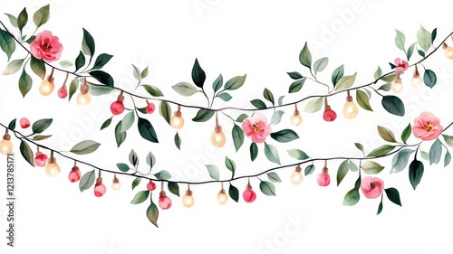 Wallpaper Mural watercolor string fairy lights with leaves and pink flowers Torontodigital.ca