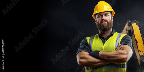 Construction worker in yellow hardhat and reflective vest on black background. Building industry concept