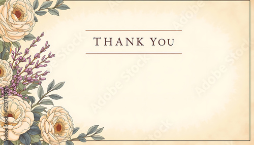 Vintage floral thank you, Antique-Style Floral Corner Design with Roses and Lavender with Copy Space