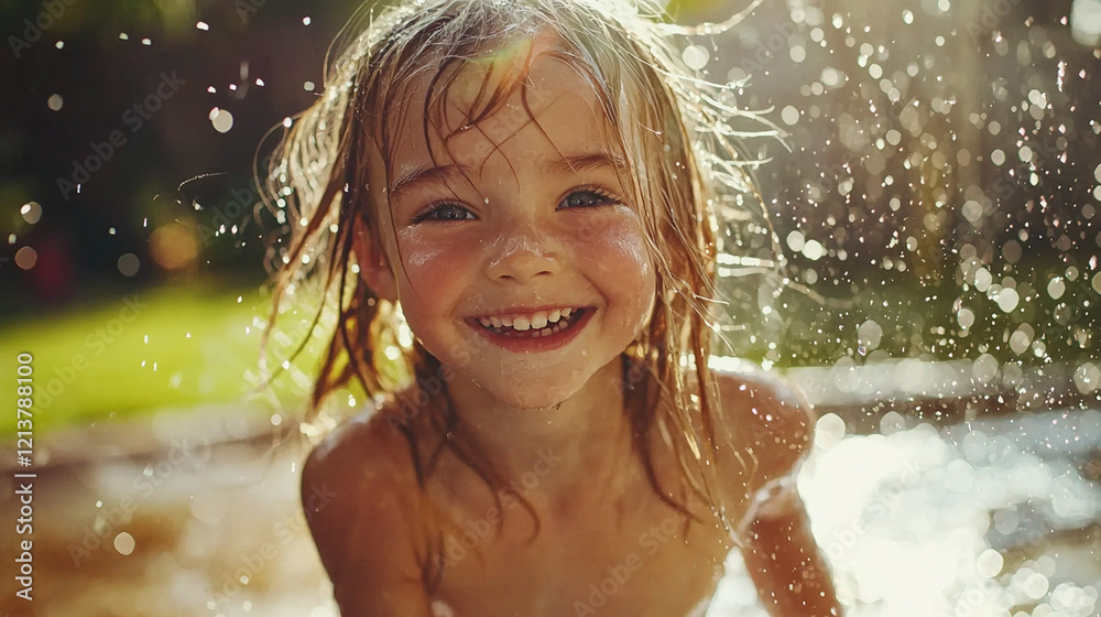 Obraz premium Happy girl playing in water, splashing, sunny day.