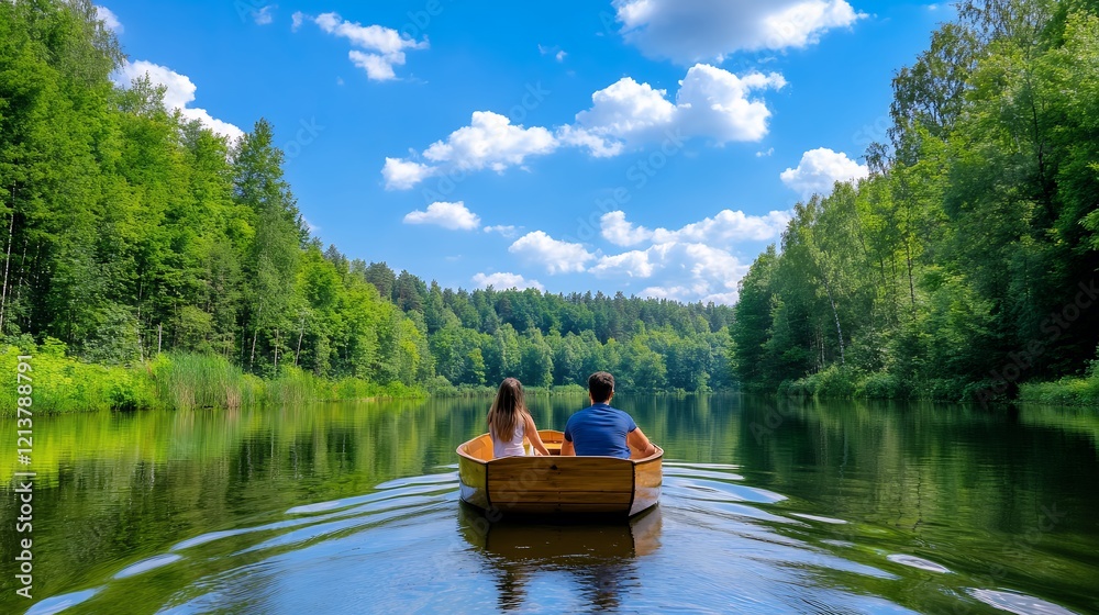 Fototapeta premium Peaceful River Escape A Couple's Serene Boat Ride Through Lush Greenery Under a Vivid Blue Sky
