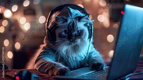 ragdoll cat in hoodie jacket with headset and laptop