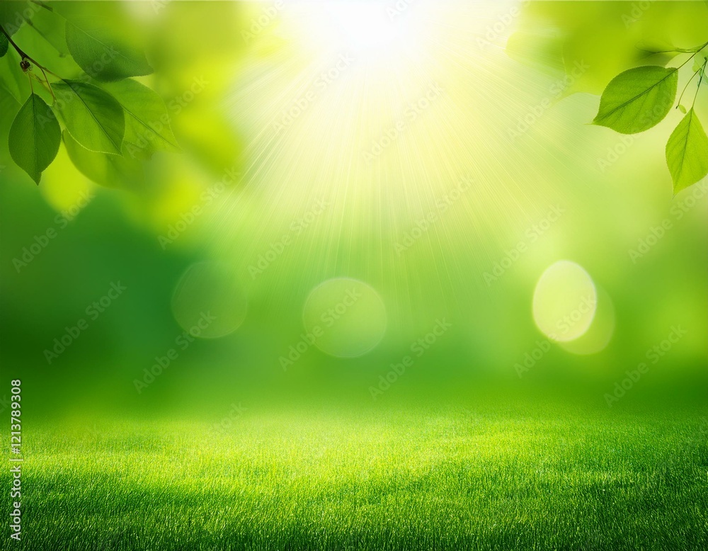 Fototapeta premium green spring abstract blurred background with sun and lights