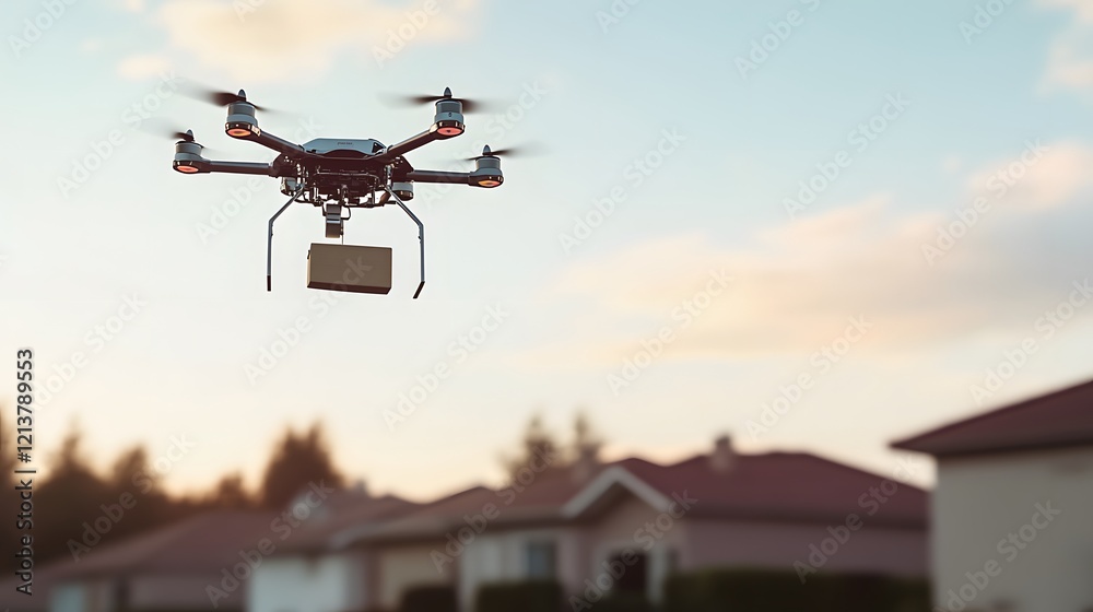 Drone Delivery Service Carrying Package Over Houses Drone Delivery Service Carrying Package Over Houses