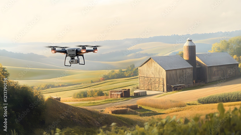 Fototapeta premium Drone Flying Over Rural Farmland and Barn