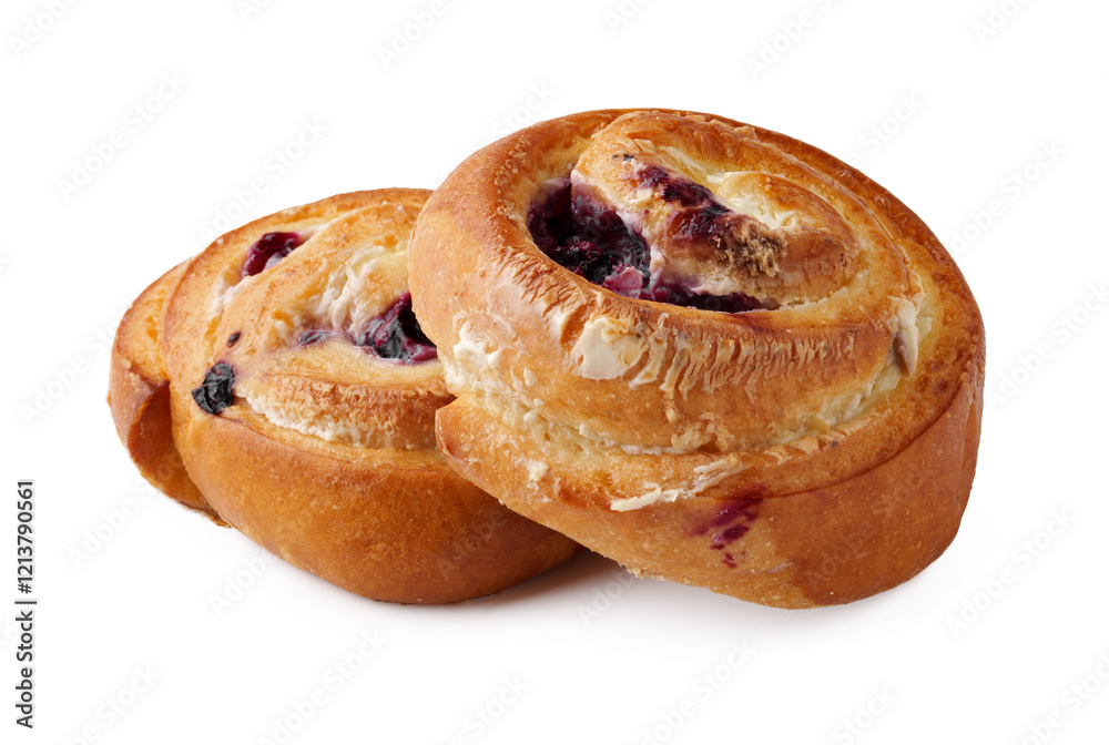 Fototapeta premium Delicious homemade cinnamon rolls with berry filling on a white background