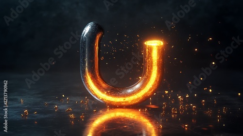 Magnetic U-shaped object with glowing attraction pulling metallic particles on a dark reflective surface