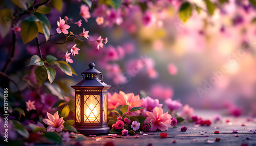 A decorative lantern glowing warmly, surrounded by vibrant flowers in a serene garden setting, perfect for romantic and peaceful designs.