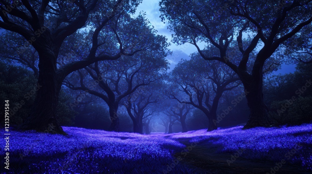 Enchanting Night Forest Path with Glowing Flowers Enchanting Night Forest Path with Glowing Flowers