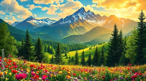 Obraz na płótnie A breathtaking sunset over a lush alpine valley filled with vibrant wildflowers, surrounded by evergreen forests and majestic snow-capped peaks. w salonie