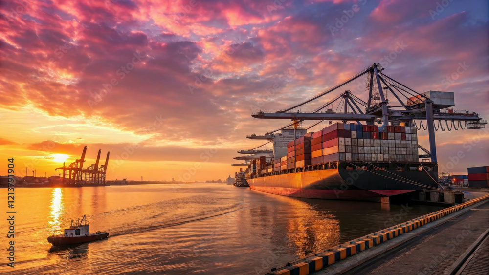Fototapeta premium Container ship moored in port surrounded by cargo cranes against sunset background. The grandeur of global trade, transportation and logistics.
