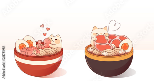Cute cats enjoying ramen bowls illustration - playful kittens sitting among noodles, eggs, shrimp and meat. Cartoon pets peeking from traditional Japanese dishes with red and brown ceramic vessels.