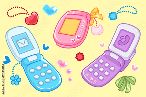 Y2k retro mobile phones set on yellow background - closed pink device, purple flip phone, blue message gadget with buttons. Nostalgic electronic devices decorated with pastel hearts, bows, flowers.