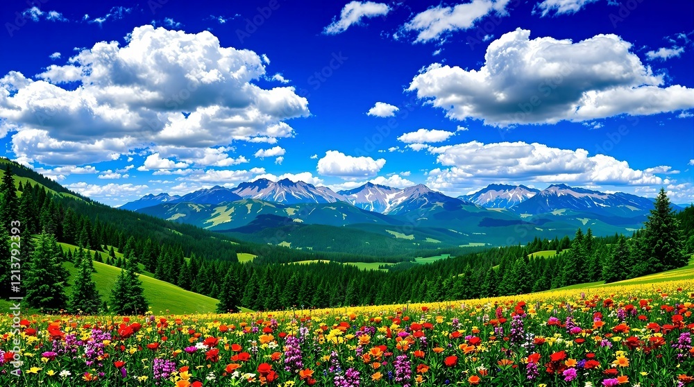 A vivid alpine meadow bursting with colorful wildflowers, nestled among lush green forests and rolling mountains under a brilliant blue sky dotted with fluffy clouds.