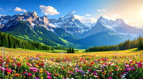 A radiant alpine meadow in full bloom, framed by lush green trees and towering snow-capped mountains under a golden sunlit sky. photo