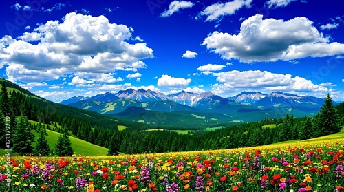 A vivid alpine meadow bursting with colorful wildflowers, nestled among lush green forests and rolling mountains under a brilliant blue sky dotted with fluffy clouds. photo